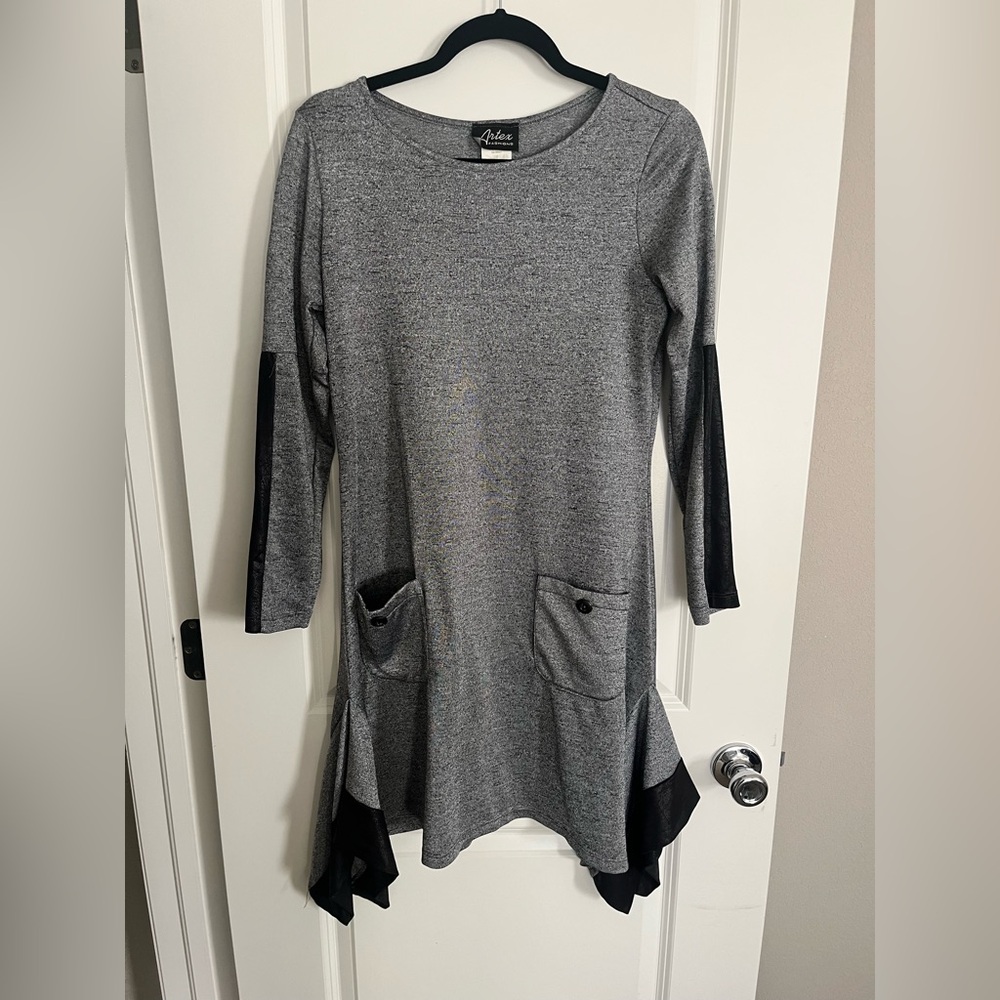 Gray Long Sleeve Dress with Black Leather Accents
